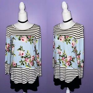 NEW BiBi Floral and Striped Long Sleeve Top
